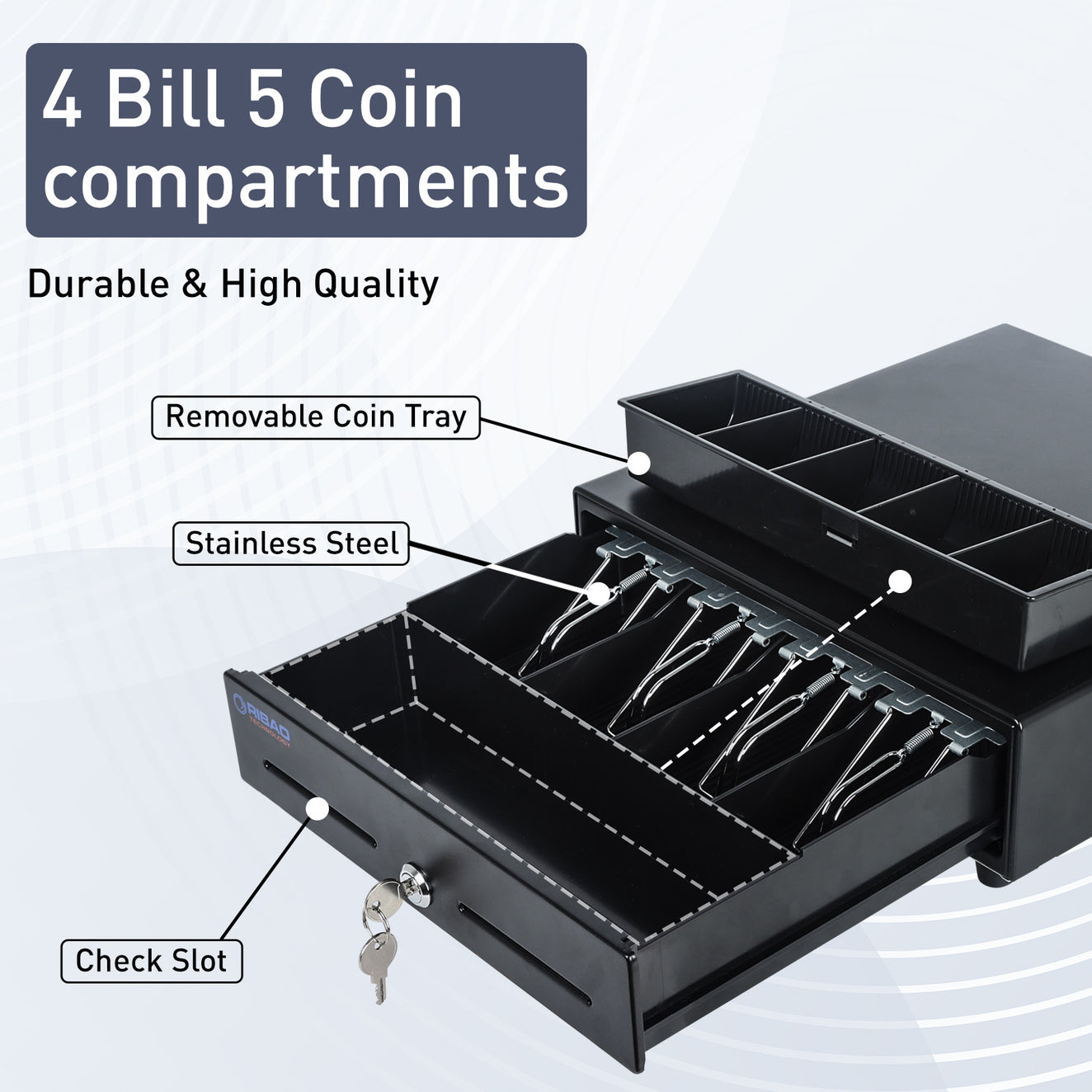RIBAO 13'' Heavy Duty Cash Drawer for POS System | 4 Bill Trays, 5 Coin ...