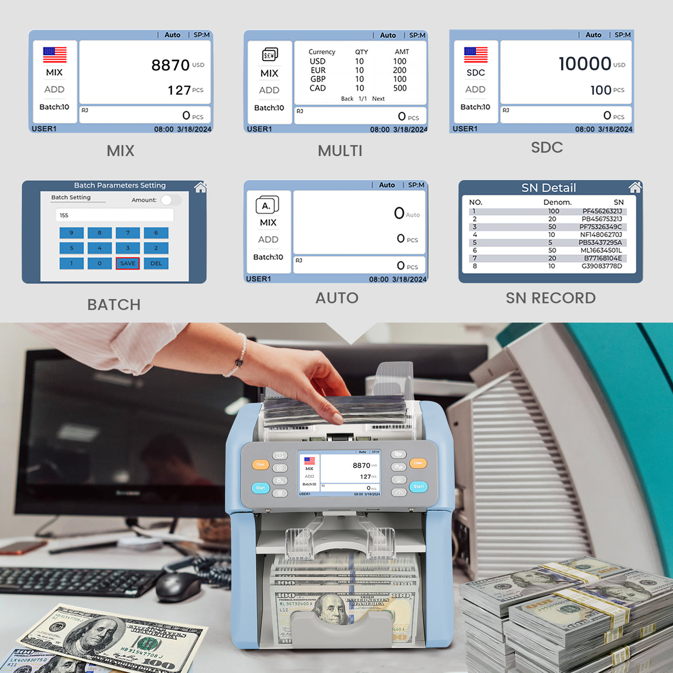 Dual Counter Order Collection RIBAO MC-165 Mixed Bill Value Counter & Sorter | Dual User Mode