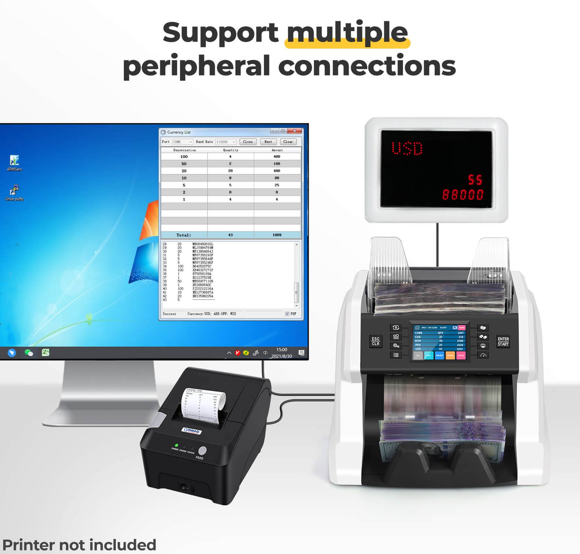 mixed denomination value counter with printer